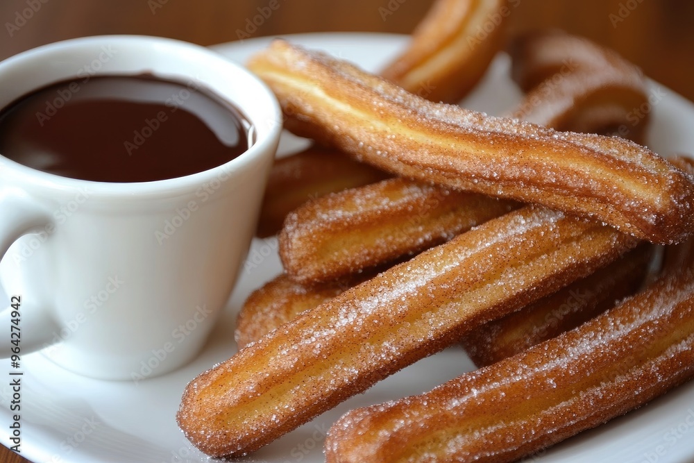 A plate of golden churros dusted with cinnamon sugar, served with a cup of rich chocolate dipping sauce A plate of golden churros dusted with cinnamon sugar, served with a cup of rich chocolate dipping sauce