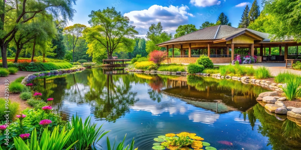 Nature Center Nestled In A Sprawling Park With Lush Greenery, Vibrant Flora, And A Serene Pond Nature Center Nestled In A Sprawling Park With Lush Greenery, Vibrant Flora, And A Serene Pond