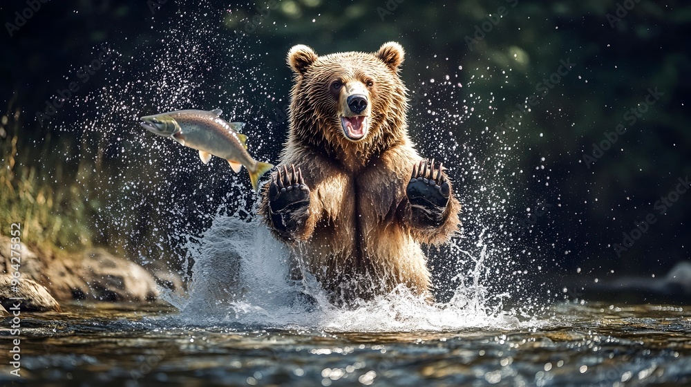 Grizzly Bear Swiping at Leaping Salmon in Rushing River Grizzly Bear Swiping at Leaping Salmon in Rushing River