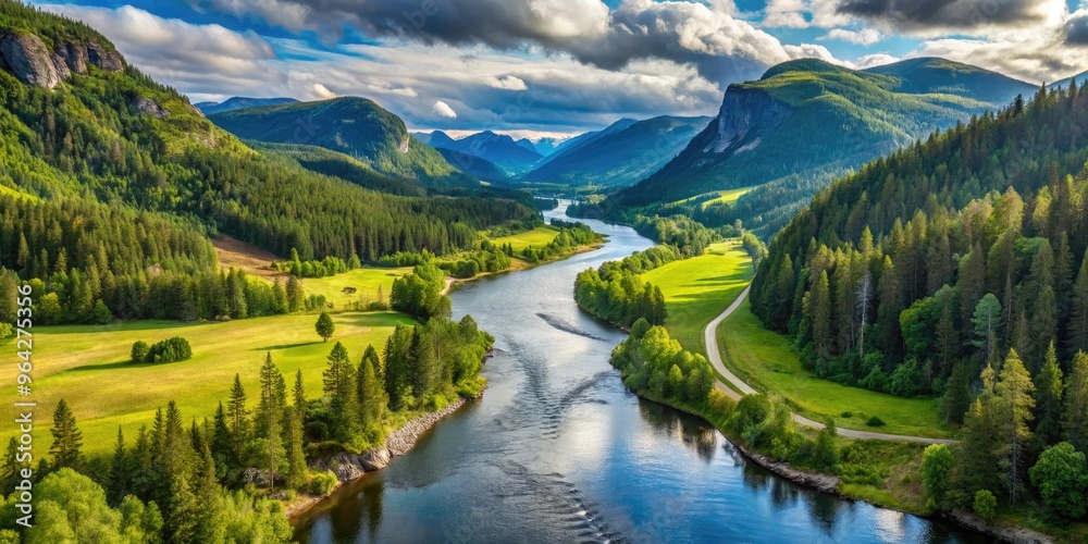 Fototapeta premium Norway'S Longest River, The Glomma River, Flows Through A Scenic Landscape Of Forests, Mountains, And Farmland In This Awe-Inspiring Stock Photo.