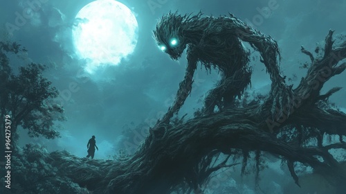 Detailed and Eerie Illustration of a Skin-Walker with Glowing Eyes and a Shifting Form, Capturing the Supernatural and Unsettling Nature of this Mythical Creature