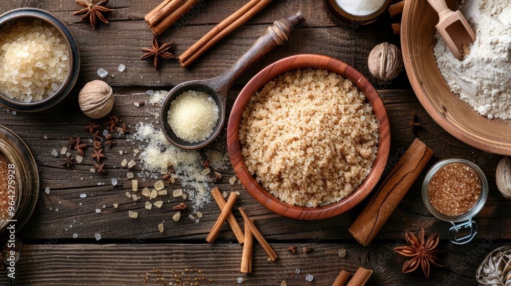 Assorted baking ingredients on rustic wooden table with brown sugar, spices, and flour Assorted baking ingredients on rustic wooden table with brown sugar, spices, and flour