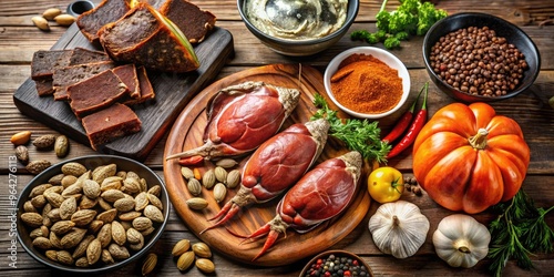 oysters, beef, chicken, pork, fortified cereals, dark chocolate, pumpkin seeds, and crab on a rustic wooden table, with natural light.