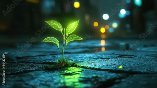 Neon Cyberpunk Sapling: Futuristic Glowing Plant in Urban Night City