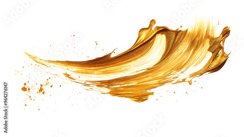 Golden paint brush stroke with metallic effect isolated on white background