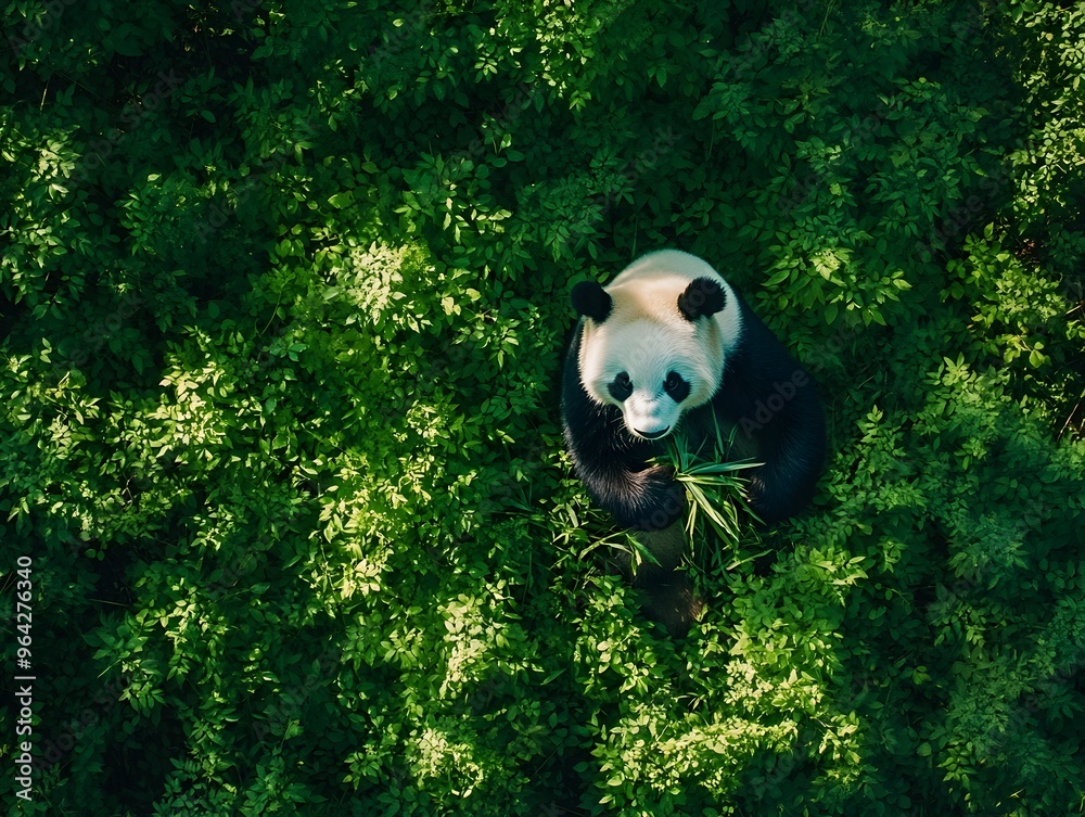 Panda Bear Enjoying Bamboo Meal in Sun Dappled Forest with Emerald Hues Panda Bear Enjoying Bamboo Meal in Sun Dappled Forest with Emerald Hues