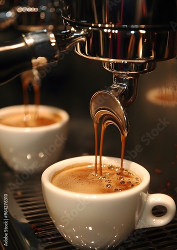 Two cups of coffee are pouring from a coffee machine