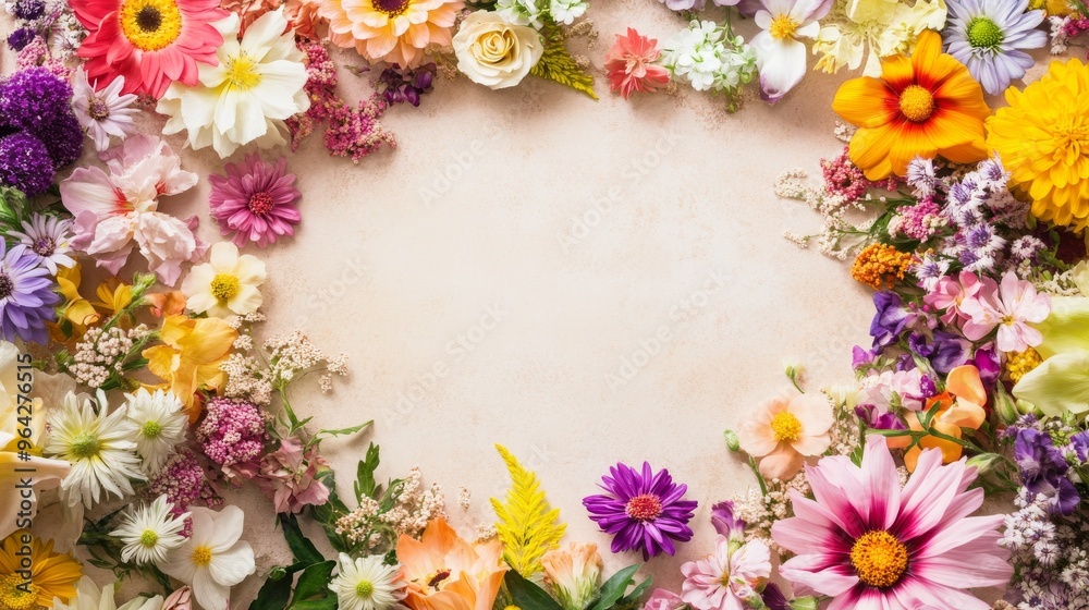Fototapeta premium A blank and light-colored background framed by an assortment of colorful flowers