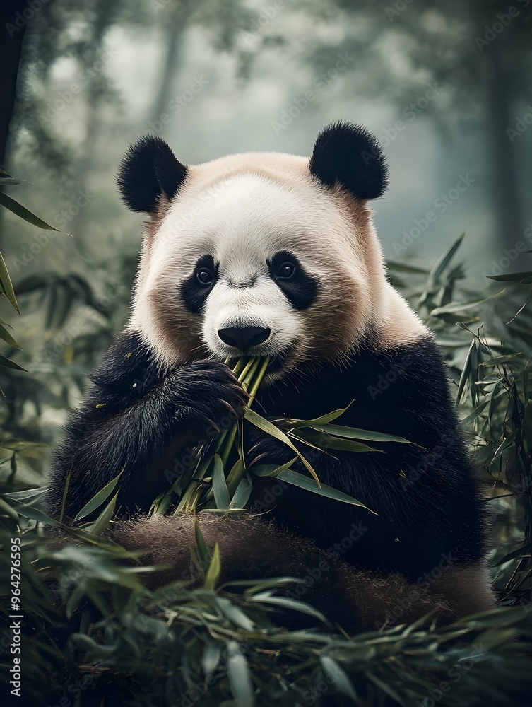 Fototapeta premium Majestic Panda Bear Contentedly Chewing Bamboo in Verdant Forest Glen