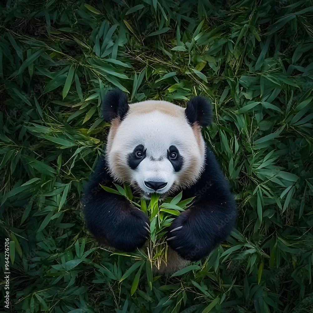 Fototapeta premium Indulgent Panda Feast Amid Flourishing Forest Captured from Aerial Perspective