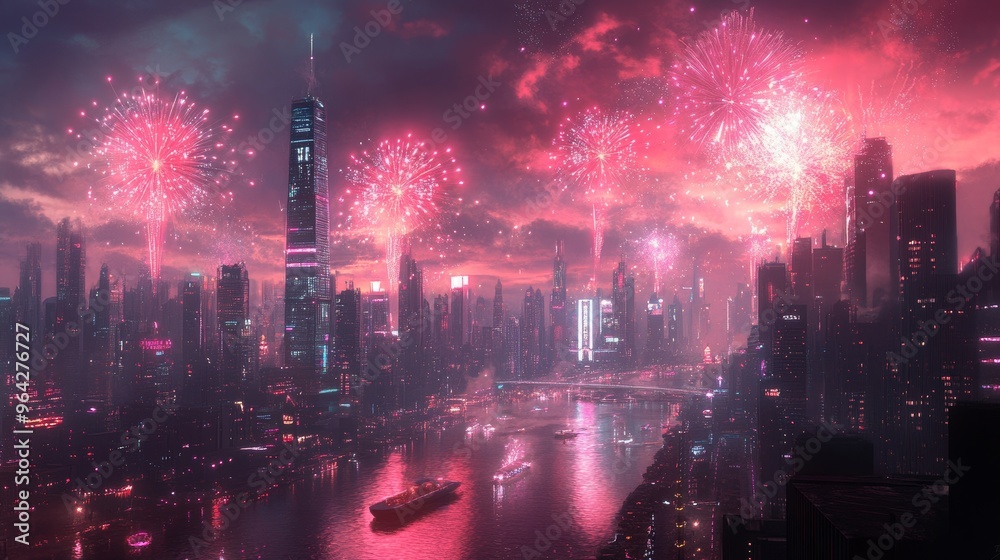 Vibrant Fireworks Exploding Over Futuristic Cityscape with Neon Lights and Reflections Vibrant Fireworks Exploding Over Futuristic Cityscape with Neon Lights and Reflections