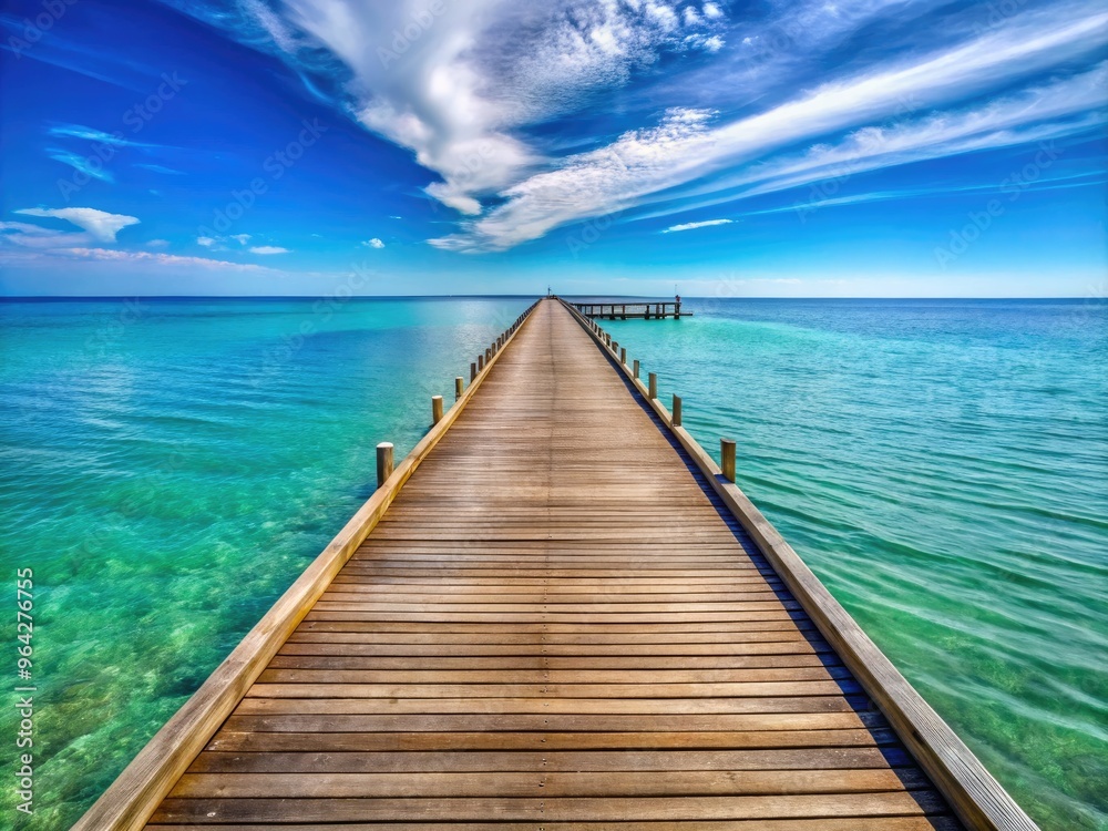 Panoramic View Of A Long Wooden Pier Extending Over Calm Blue Ocean Waters Towards A Distant Horizon Panoramic View Of A Long Wooden Pier Extending Over Calm Blue Ocean Waters Towards A Distant Horizon