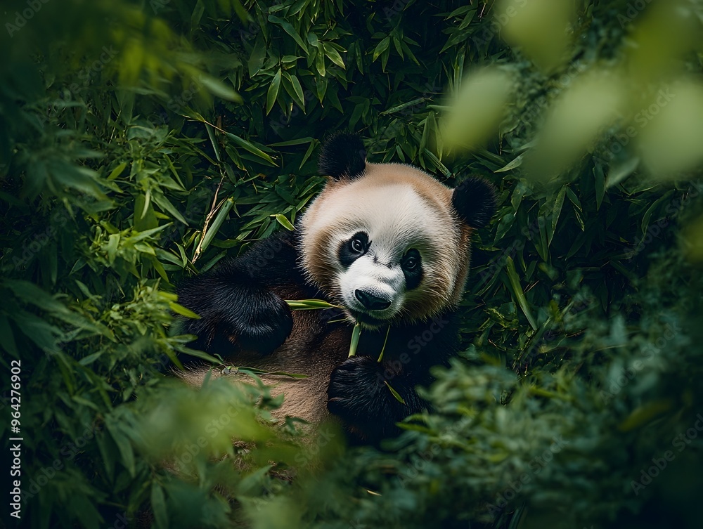 Fototapeta premium Panda Bear Feeding in Lush Green Bamboo Forest with Soft Ambient Lighting