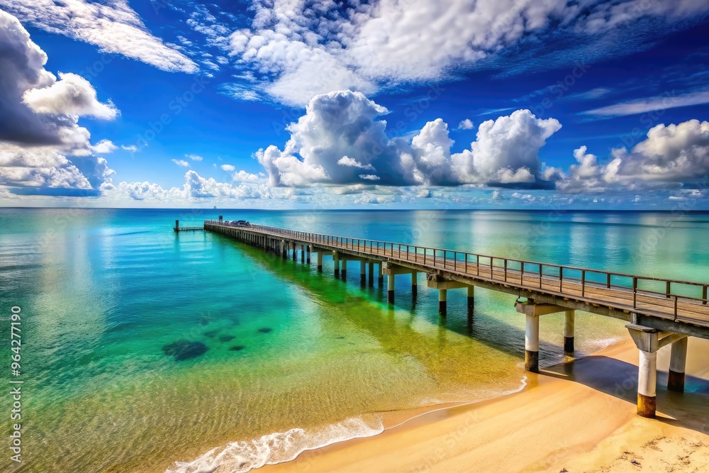 Panoramic View Of A Scenic Beach Pier Extending Over Calm Blue Waters Towards A Picturesque Horizon Panoramic View Of A Scenic Beach Pier Extending Over Calm Blue Waters Towards A Picturesque Horizon