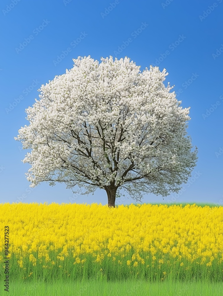 Beautiful and huge tree with white flowers in a field of yellow flowers. Beautiful and huge tree with white flowers in a field of yellow flowers.