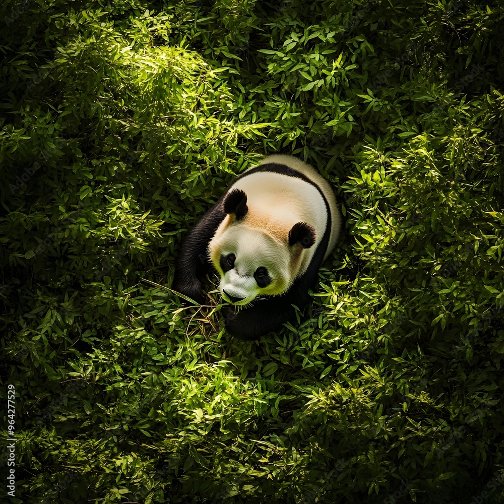 Panda Feasting on Bamboo in Flourishing Woodland with Warm Ambient Lighting