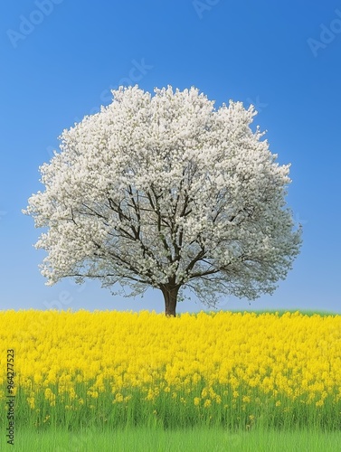 Beautiful and huge tree with white flowers in a field of yellow flowers.