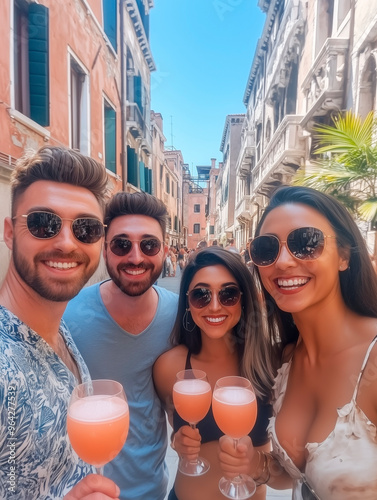 a group of friends drinking glasses of peach bellini in Venice in the sun smiling 