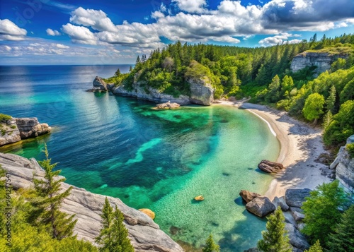 Panoramic View Of Indian Head Cove Beach With Clear Blue Waters, Rocky Shoreline And Lush Greenery In The Backdrop