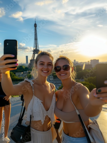 Close-up of two happy female tourists taking a selfie in front of a famous monument, big smiles, sun-kissed skin