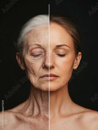 Portrait of a woman. The left side of the image shows her already aged appearance, with wrinkles and signs of aging evident. On the right, her skin is rejuvenated and radiant, representing a dramatic 