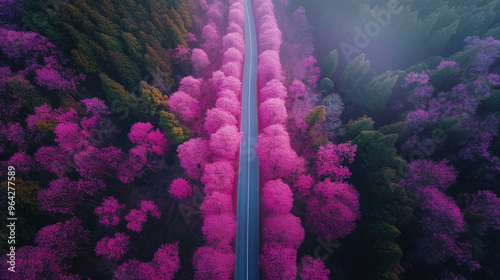 Fully symmetrical Japanese landscape, cherry blossom trees in bloom