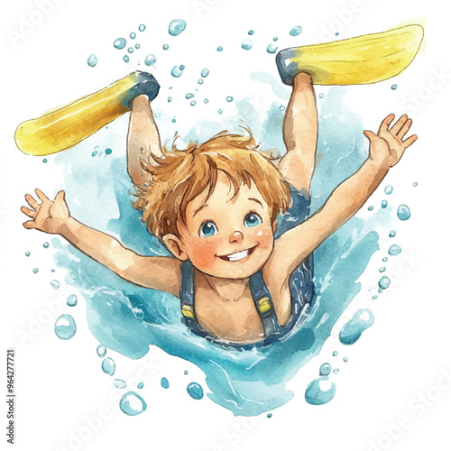 cute kid playing diving watercolor clipart