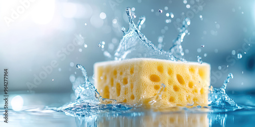 Kitchen sponge actively soaking up spilled water, splashes and drops water in motion, absorbing absorption