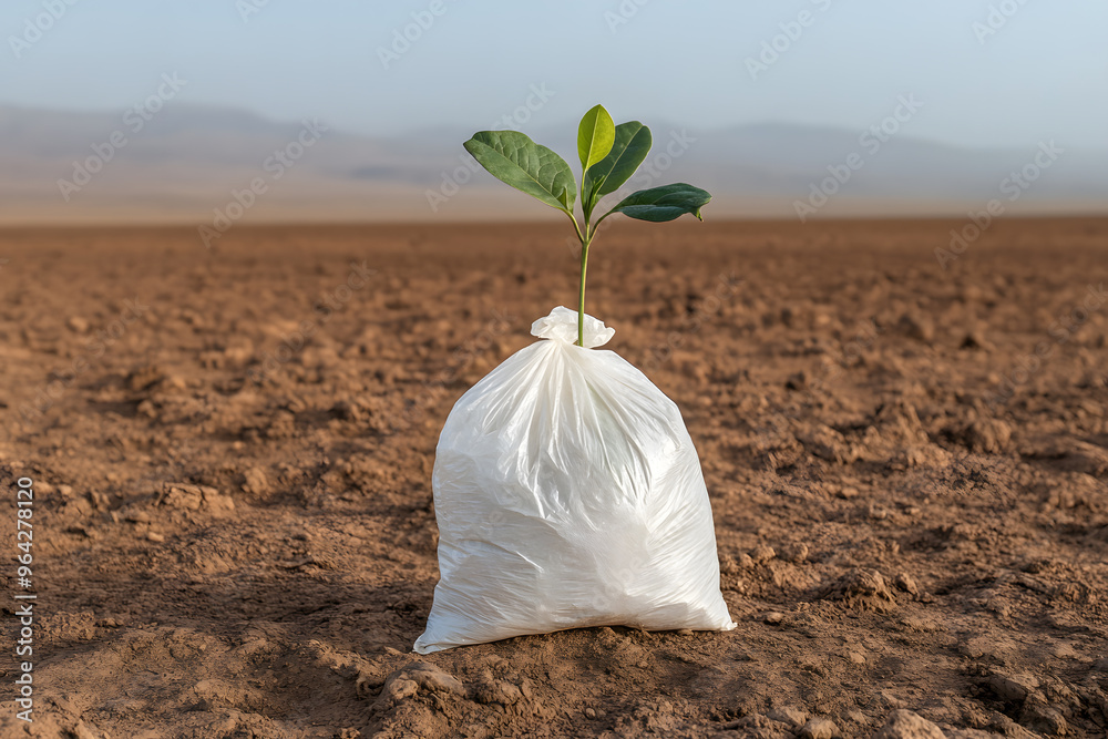Green Plant Emerging from a Plastic Bag in a Desert | Symbol of Hope and Environmental Resilience in Harsh Conditions Green Plant Emerging from a Plastic Bag in a Desert | Symbol of Hope and Environmental Resilience in Harsh Conditions