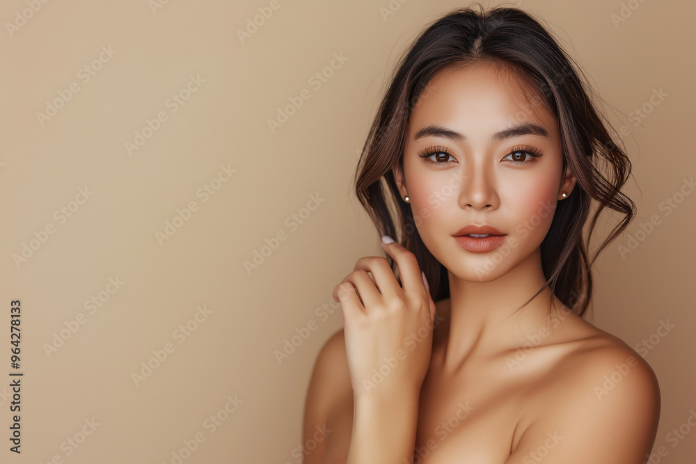 close-up portrait of a beautiful young woman with flawless skin and soft natural lighting, set against a neutral beige background, emphasizing her elegant features and radiant complexion in a beauty p close-up portrait of a beautiful young woman with flawless skin and soft natural lighting, set against a neutral beige background, emphasizing her elegant features and radiant complexion in a beauty p