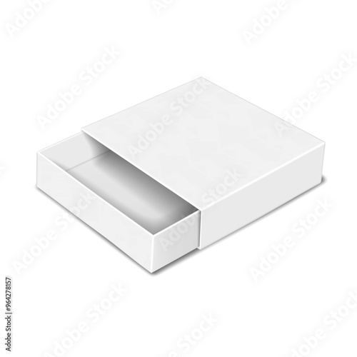 White square cardboard slide-out drawer box. 3d mockup. Slightly open carton slider box isolated. Realistic mock-up. Paper tray and sleeve container packaging. Vector template