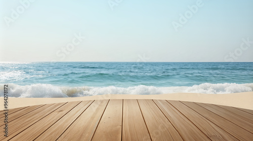 Wooden circular deck on sandy beach with ocean waves and clear sky in backdrop. Product display background with copy space. photo