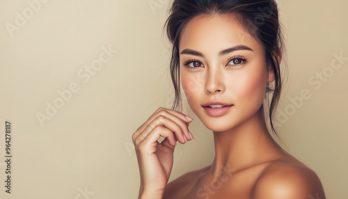 close-up portrait of a beautiful young woman with flawless skin and natural beauty, captured in soft lighting against a neutral background, showcasing elegant features and delicate expression in a bea photo