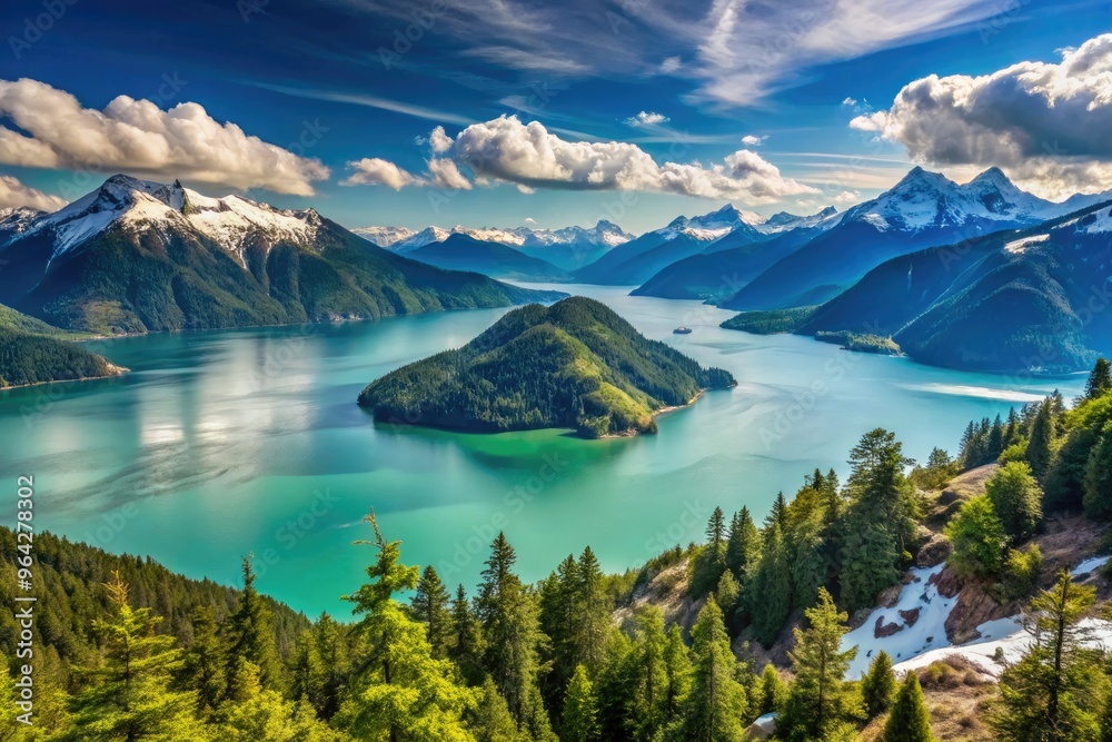 Panoramic View Of The Snow-Capped Mountains And Turquoise Waters Of The Howe Sound Near Vancouver, British Columbia, Canada Panoramic View Of The Snow-Capped Mountains And Turquoise Waters Of The Howe Sound Near Vancouver, British Columbia, Canada
