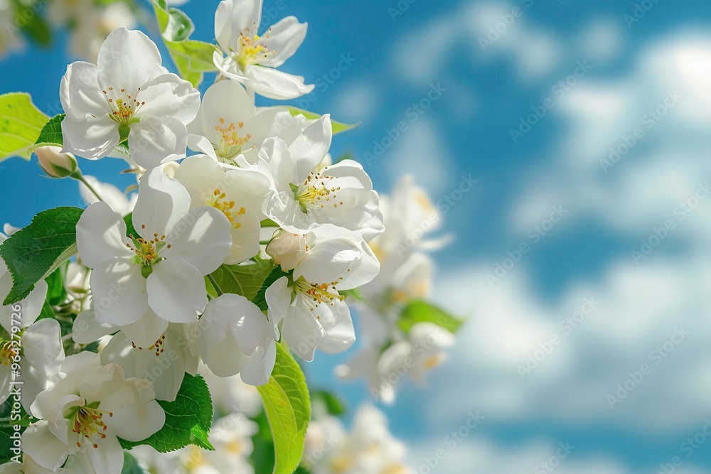 Beautiful white flowers blooming on an apple tree against a blue sky background Beautiful white flowers blooming on an apple tree against a blue sky background