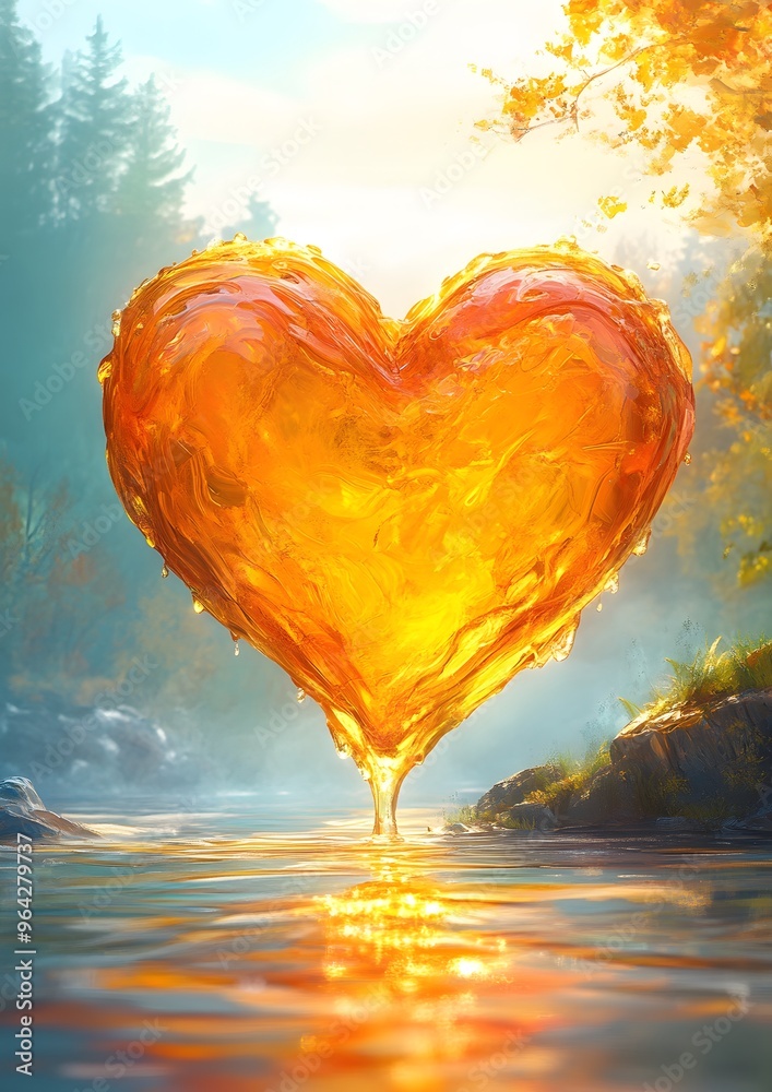 Fototapeta premium Honey is oil fluid a captured background a the splash of is in mid-air white. is of golden a appearance shape yellow heart the color and in a and liquid dynamic liquid resembling creating plain the or