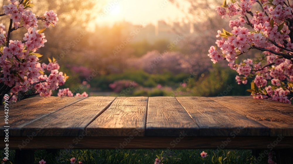 Wooden table with blurred background of blooming cherry trees and sun. Wooden table with blurred background of blooming cherry trees and sun.