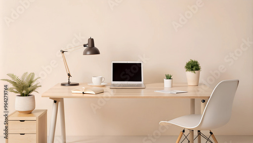 Modern home office setup for remote learning: a clean desk with a computer, open textbooks, a notepad, and a coffee mug. Include a comfortable chair, a desk lamp, and a potted plant