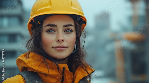 A young woman in a yellow hard hat and jacket looks confidently at the camera.