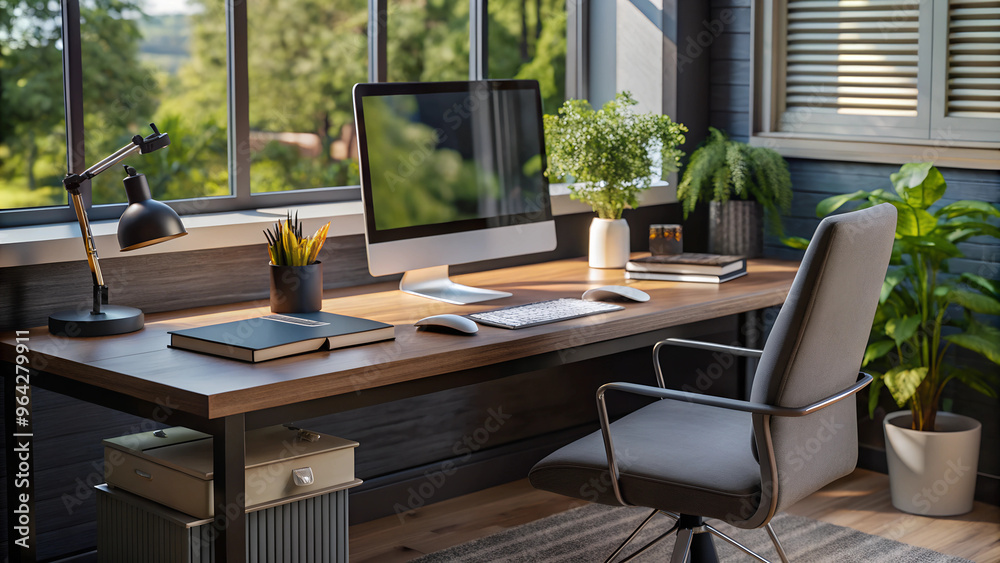 Modern home office setup for remote learning: a clean desk with a computer, open textbooks, a notepad, and a coffee mug. Include a comfortable chair, a desk lamp, and a potted plant Modern home office setup for remote learning: a clean desk with a computer, open textbooks, a notepad, and a coffee mug. Include a comfortable chair, a desk lamp, and a potted plant
