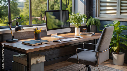 Modern home office setup for remote learning: a clean desk with a computer, open textbooks, a notepad, and a coffee mug. Include a comfortable chair, a desk lamp, and a potted plant