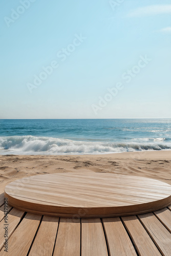 Wooden circular podium on sandy beach with ocean waves and clear blue sky in backdrop. Product display background with copy space.