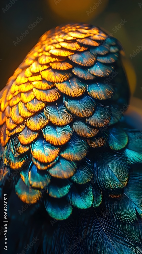 Fototapeta premium Mesmerizing Peacock Tail Feathers Ablaze with Vibrant Colors in Warm Afternoon Light