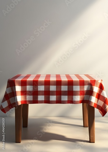 Is table checkered and tablecloth draped a against the wall a positioned light-colored and table picture a red with it the white wooden the in of is only visible the. plain portion table over a