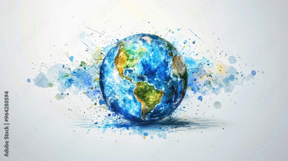 World environment day. Earth globe with splashes in watercolor style art. Concept design for banner, poster, greeting card. Vector illustration Generative AI, World environment day. Earth globe with splashes in watercolor style art. Concept design for banner, poster, greeting card. Vector illustration Generative AI,
