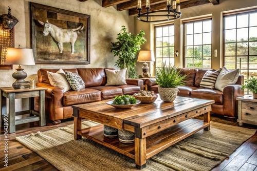 Rustic living room featuring cowhide rug, reclaimed wood coffee table, and vintage decorative accents blending Southwestern and farmhouse styles in a cozy, earthy atmosphere.