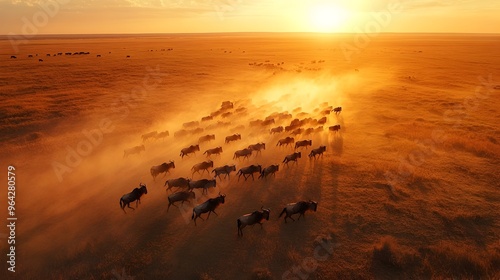 Migrating Wildebeest Herd Crossing the Expansive African Savanna in Warm Afternoon Light