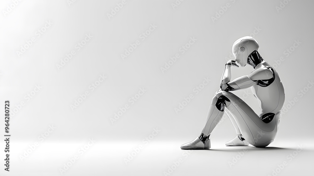 Thinking humanoid robot side view with white copy space for text, isolated on white background Thinking humanoid robot side view with white copy space for text, isolated on white background