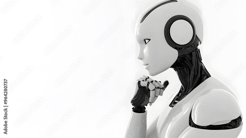 Thinking humanoid robot side view with white copy space for text, isolated on white background Thinking humanoid robot side view with white copy space for text, isolated on white background