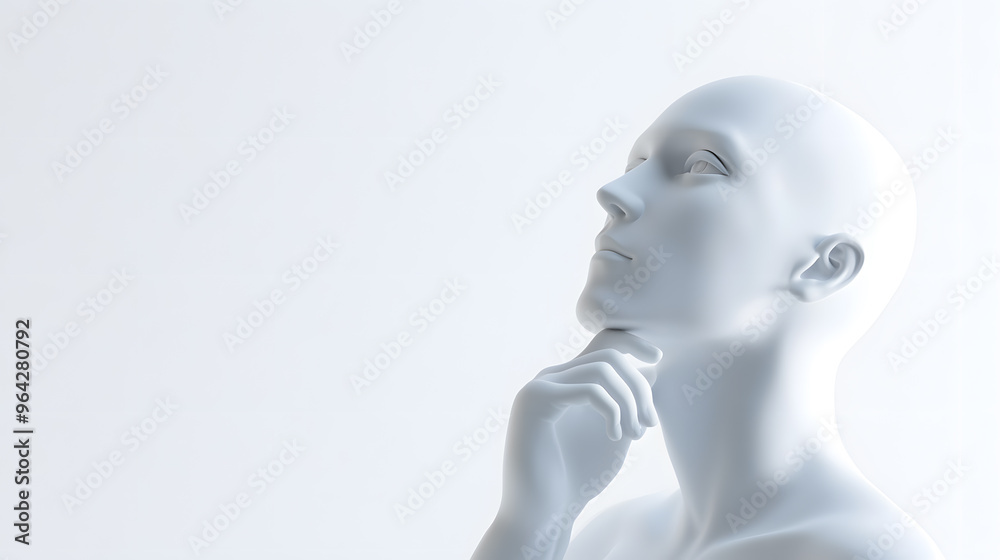Thinking humanoid robot side view with white copy space for text, isolated on white background Thinking humanoid robot side view with white copy space for text, isolated on white background